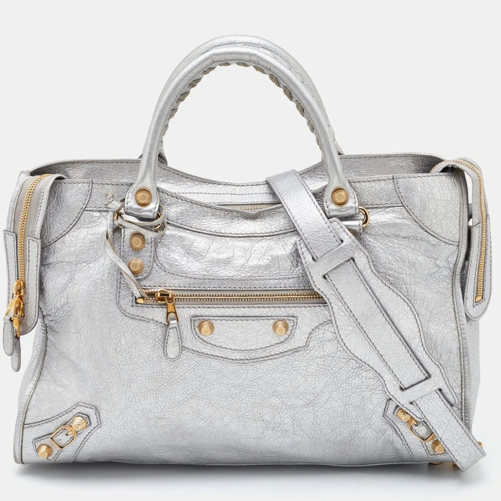 BALENCIAGA Gris Aluminum Metallic Silver City with Giant Gold 12 Hardware Bag